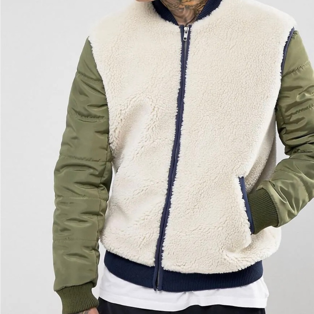 Asos Borg Bomber Jacket with Nylon Sleeves SZ M